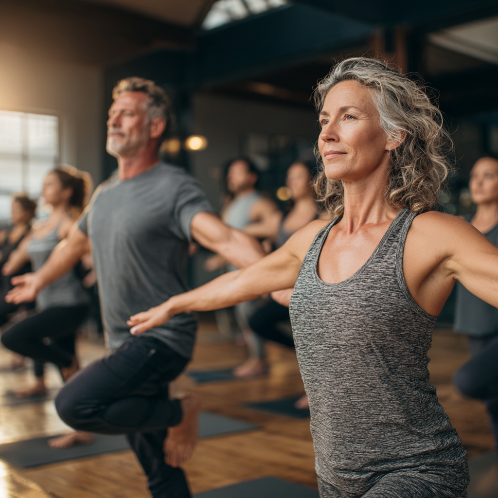 Group fitness class with diverse participants aged 40-55 doing yoga poses in spacious studio with natural lighting and wooden floors