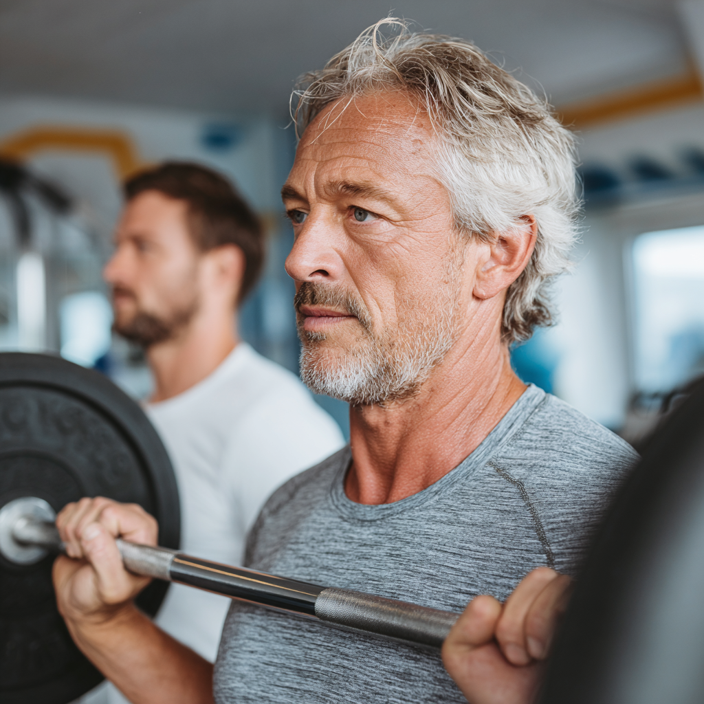 Mature man around 50 years old working out with personal trainer in bright fitness studio, showing proper form during strength training session