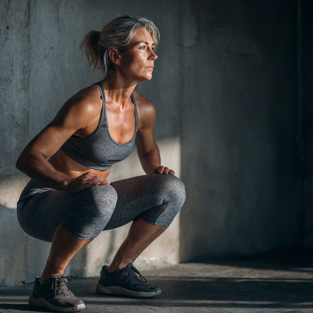 Professional fitness trainer, woman aged 45-50, demonstrating proper squat form in modern gym with natural lighting